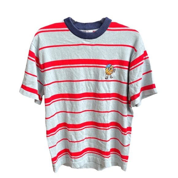 Zara Striped Embroidered Basketball Character Crew Neck Tee Blue Red Size Small - Picture 7 of 7